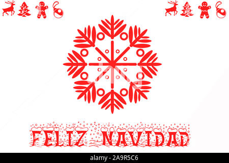 Buon Natale in lettere rosse su uno sfondo bianco, decorata con un grande simbolo del fiocco di neve e i tipici simboli di Natale Foto Stock