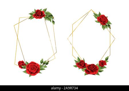 Nozze scheda invtation modello di disegno. Red rose fiori con cornice dorata Illustrazione Vettoriale