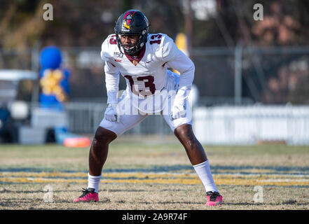 Greensboro, NC, Stati Uniti d'America. Xvi Nov, 2019. La Bethune Cookman manualmente l'estremità Taron germano reale (13) durante il NCAA Football azione di gioco tra la Bethune Cookman Wildcats e North Carolina A&T Aggies. NC A&T sconfitto BCU 44-17 a BB&T Stadium di Greensboro, N.C. Romeo T Guzman/CSM/Alamy Live News Foto Stock