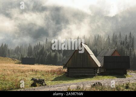 Capanne nella valle dei monti Tatra in una mattinata nebbiosa. I Monti Tatra sono le vette più alte dei Carpazi sulla frontiera polacco-slovacca Foto Stock