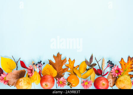 Un telaio di vari colori d'autunno frutti e foglie su fondo azzurro. Foto Stock