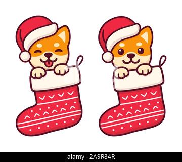 Cartoon carino Shiba Inu puppy in Santa Claus hat all'interno appeso calza di Natale. Buon Natale biglietto di auguri con piccolo cane in rosso il calzino. Il vettore c Illustrazione Vettoriale