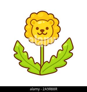 Cartoon carino tarassaco Lion. Fiore di tarassaco disegno divertente con testa di leone. Vettore semplice clip art illustrazione. Illustrazione Vettoriale
