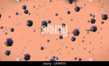 Flottante icosahedrons davanti a uno sfondo arancione, abstract scena con oggetti geometrici con la profondità di campo Foto Stock
