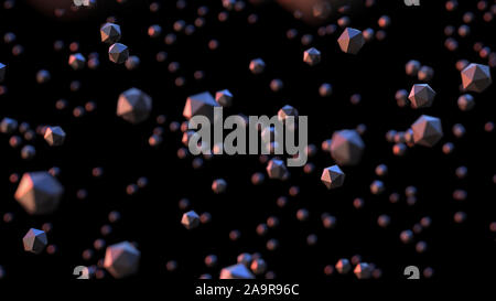 Flottante icosahedrons davanti a uno sfondo nero, abstract scena con oggetti geometrici con la profondità di campo Foto Stock