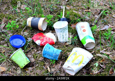 Scartato tazze da caffè e fast food packaging nella foresta sul terreno. Le persone a sinistra dietro il cestino. Il concetto di inquinamento della natura e il environmen Foto Stock