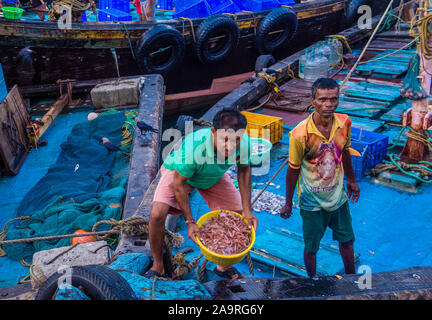 Pescatori indiani che lavorano a Sassoon Docks in Mumbai India Foto Stock
