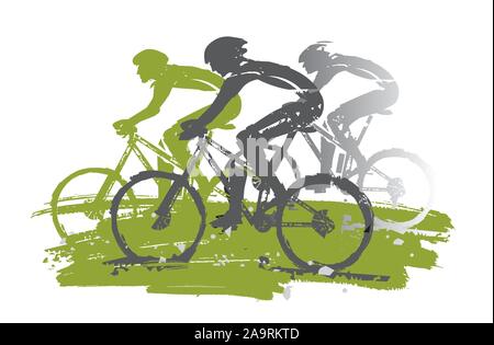 Corsa di ciclismo, mountain bike,espressivo stilizzato. Illustrazione di ciclisti in piena velocità. Imitazione del disegno a mano. Vettore disponibile. Illustrazione Vettoriale