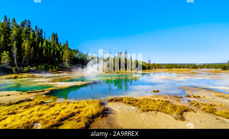 Il crepitio lago nel bacino di porcellana di Norris Geyser Basin area nel Parco Nazionale di Yellowstone in Wyoming, Stati Uniti d'America Foto Stock