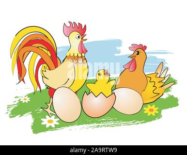 Pasqua pollo, gallina, Gallo e uova. Colorata illustrazione stilizzata di pollo, gallina, gallo e su un prato .isolati su sfondo bianco. Illustrazione Vettoriale