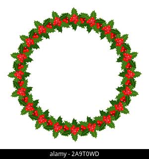 Holly lascia ghirlanda di bacche telaio isolato su sfondo bianco con spazio vuoto per il tuo testo elemento di design. Illustrazione Vettoriale