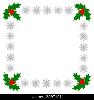 Auguri di Natale carta decorativa modello di telaio con Holly foglie e fiocchi di neve in argento con copia spazio per il tuo testo. Illustrazione Vettoriale