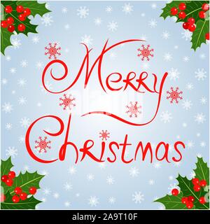 Sfondo decorativo natalizio con foglie di agrifoglio frutti di bosco e auguri di buone lettere natalizie. Illustrazione Vettoriale