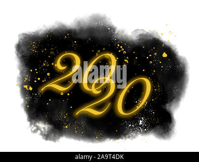 2020 scritto in elegante illuminazione d'oro le lettere in nero dipinto ad acquerello e splash isolato con oro e stella bianca schizza su sfondo bianco Foto Stock