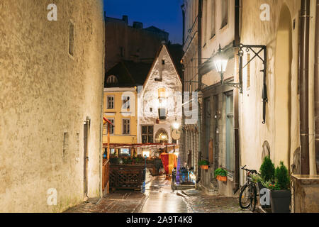 Tallinn, Estonia. Vista di Raekoja Street con il vecchio antiche case medievali in sera le luci della notte. Belle vecchie stradine della capitale estone. Foto Stock