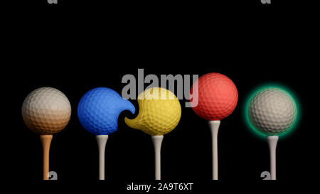 Un creative immagine grafica raffigurante una fila se palline da golf, ognuna diversa dalle altre. Foto Stock