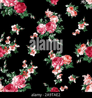 Astratta eleganza Seamless pattern con grandi fiori ad acquerello su sfondo nero. Foto Stock