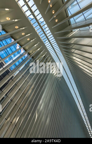 Interno del World Trade Center rapid transit station noto anche come occhio progettato da Santiago Calatrava, Manhattan, New York, Stati Uniti d'America Foto Stock