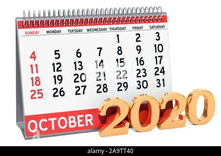 Ottobre 2020 Escursioni Calendario, 3D rendering isolati su sfondo bianco Foto Stock