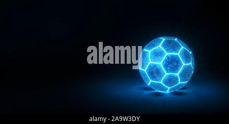 Neon incandescente il calcio o il pallone da calcio con cuciture blu e le cellule blu galleggianti in scuro su sfondo nero Foto Stock