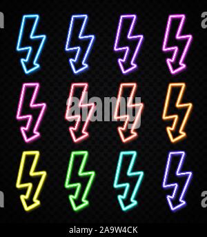 La potenza elettrica insegna al neon impostato su sfondo trasparente. Colori realistici elettricità design simbolo. Luce flash thunderbolt astratto per la decorazione. Li Illustrazione Vettoriale