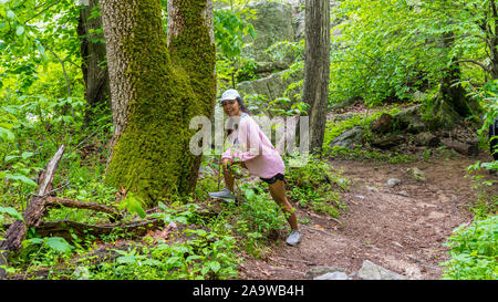 Donna in piedi accanto ad albero sul cammino di stretching prima di lei corre Foto Stock