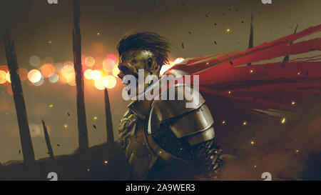 Il cavaliere non morto in armature medievali si prepara per la battaglia contro uno sfondo alba, arte digitale stile, illustrazione pittura Foto Stock