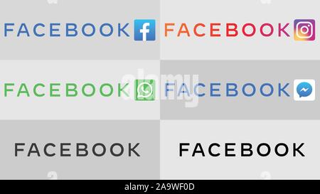 Nuovo logo Facebook 2019. GIF di Facebook. Tutti i social media icona Instagram, WhatsApp, Messenger, FB icone / logo vettore illustrazione. Illustrazione Vettoriale