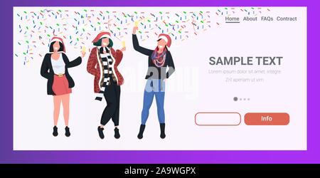 Le donne in cappelli di Babbo Natale avente coriandoli party aziendale ragazze celebrando buon Natale felice anno nuovo vacanze invernali concetto orizzontale di lunghezza completa spazio copia illustrazione vettoriale Illustrazione Vettoriale