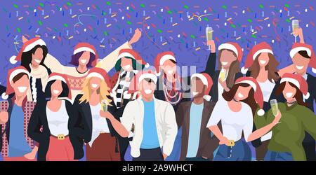 Businesspeoplein cappelli di Babbo Natale avente i residui di carta corporate party mix gara la gente di affari celebrando buon Natale felice anno nuovo vacanze invernali concetto ritratto orizzontale illustrazione vettoriale Illustrazione Vettoriale