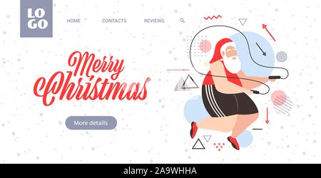 Fat santa claus facendo esercizi con salto con la corda in sovrappeso uomo barbuto allenamento allenamento Peso perdita concetto natale e capodanno celebrazione greeting card orizzontale illustrazione vettoriale Illustrazione Vettoriale