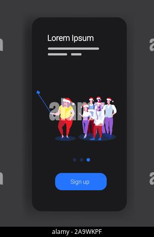Gli imprenditori in cappelli di Babbo Natale tenendo selfie foto sulla fotocamera dello smartphone business team di persone in piedi insieme il Natale Capodanno Vacanze invernali concetto a piena lunghezza verticale illustrazione vettoriale Illustrazione Vettoriale