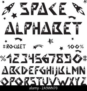 Spazio font alfabeto. La tecnologia, i voli spaziali, scienza. Inglese geometrica lettere e numeri. Elementi per la progettazione Illustrazione Vettoriale
