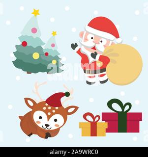 Set di Natale e Anno Nuovo elementi con animali e Santa. Illustrazione Vettoriale. Illustrazione Vettoriale
