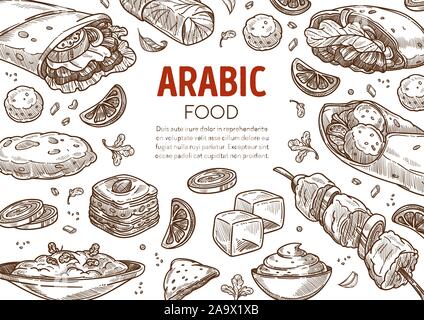 Ristorante con menu arabo del cibo tradizionale sketch banner Illustrazione Vettoriale