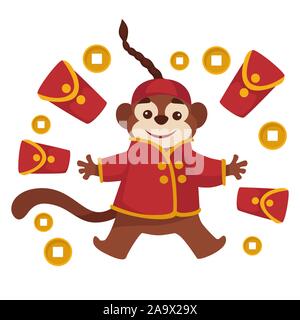 Anno Nuovo Cinese, scimmia in abbigliamento, buste rosse e lucky monete Illustrazione Vettoriale