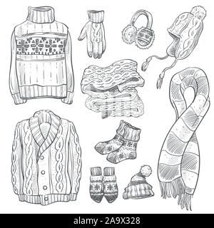 La maglieria o maglia di abbigliamento invernale isolato disegna le icone Illustrazione Vettoriale