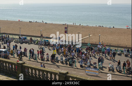 Brighton, Inghilterra - Agosto 24, 2019: scooter sul display lungo la passeggiata sul lungomare presso la spiaggia di Brighton in East Sussex, Inghilterra per 'Mod Weekend". Palace Foto Stock
