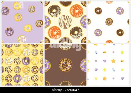 Ciambelle vetrato seamless pattern impostato. Illustrazioni vettoriali con ciambelle Illustrazione Vettoriale