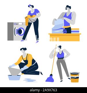Pulizia casa, il servizio di pulizie e lavori di casa, casalinga o cameriera icone isolato Illustrazione Vettoriale