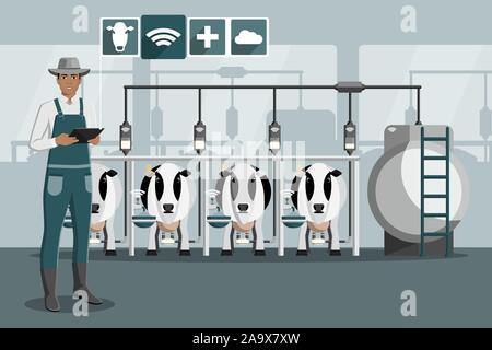 Modern African American Farmer con tavoletta su un caseificio. La mungitura automatizzata e smart farming. Illustrazione vettoriale EPS 10 Illustrazione Vettoriale