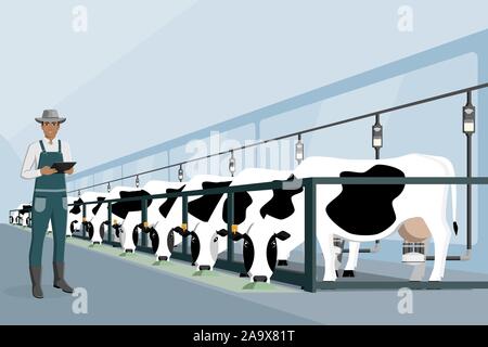 Modern African American Farmer con tavoletta su un caseificio. La mungitura automatizzata e smart farming. Illustrazione vettoriale EPS 10 Illustrazione Vettoriale