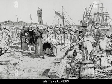 La scoperta dell'America. Imbarco di Cristoforo Colombo a Palos de la Frontera (Spagna), il 3 agosto del 1492. Incisione. Museo Militar, 1883. Foto Stock