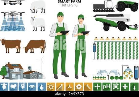 Smart set di allevamento. Gli agricoltori moderni con tavoletta digitale, autonomo trincia semovente, trattore e drone. Elementi di design e infographics. Vector illustrat Illustrazione Vettoriale