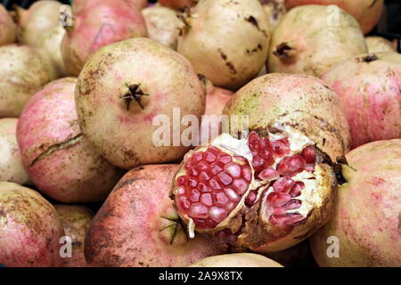 Chiudere la vista di una sezione di un gruppo di giallo melograni con in primo piano di una sezione di un melograno Foto Stock
