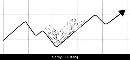 Vector cartoon stick figura disegno illustrazione concettuale di uomini di affari di equitazione sul grafico finanziario o il grafico sulle montagne russe o big dipper. L'instabilità dei mercati e i cambiamenti del concetto. Illustrazione Vettoriale