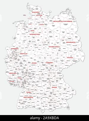 Politica e amministrativa di mappa della Germania recentemente rivisto 2019 in bianco e nero Illustrazione Vettoriale