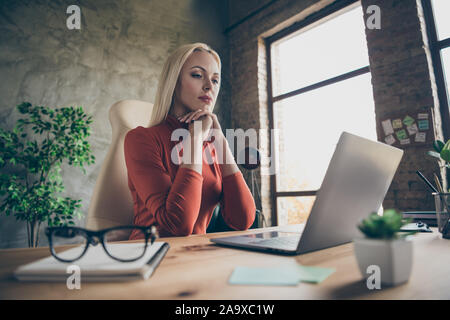 Foto di fiduciosa premurosa donna che guarda attraverso la ricerca informazioni per analizzare la maggior parte dei dettagli importanti Foto Stock