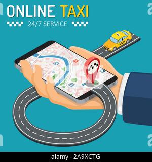 Taxi Online concetto isometrica Illustrazione Vettoriale