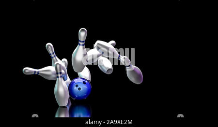 Concetto di divertimento e sport. Bowling palla colpisce i perni facendo uno sciopero. 3D render image. Foto Stock